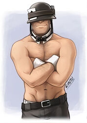 1boy arms_crossed artist_name barely_clothed belt blue_background bowtie card collar crossed_arms feet_out_of_frame gay grin helmet_over_eyes jeans lintu lintufriikki male_only muscular muscular_male signature smile soldier_(team_fortress_2) solo_male team_fortress_2 topless underwear valve wrist_cuffs