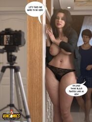 1girls 3d 3d_(artwork) big_breasts black_panties black_shirt camera kokcomics milf mother mother_and_son nenet older_female older_female_and_younger_male panties photo_shoot shirt standing
