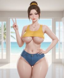 1girls ai_generated areola_slip beach_background brunette_hair crop_top denim_shorts female hair_bun hair_scrunchie hand_on_hip midriff milf necklace ocean ocean_background one_hand_on_hip palm_leaf peace_sign revealing_clothes rgomez007 seductive_smile single_hair_bun skindentation solo_female stable_diffusion thick_thighs underboob updo wide_hips yellow_tank_top