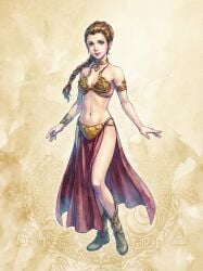 ai_generated alternate_eye_color belly_dancer belly_dancer_outfit blue_eyes boots braided_hair brown_hair cleavage dire7wolf95 enslaved_royal harem_girl harem_outfit loincloth long_hair medium_breasts princess_leia_organa slave slave_bikini slave_collar slave_girl slave_leia slave_outfit star_wars