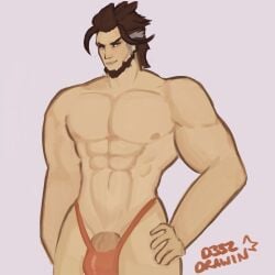 bara big_bulge big_muscles big_penis bl bulge d33zdrawin emre emre_(overwatch) emre_sarioglu erection gay gay_male himbo male male_only overwatch overwatch_2 partially_nude peeking_out speedo yaoi