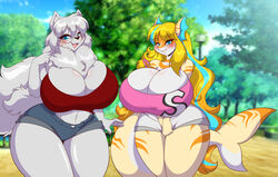 2021 2girls alternate_species anthro blue_eyes blush breasts canine chest_tuft cleavage cumu female female_only fish furry glasses huge_breasts looking_at_viewer marine mastergodai orange_body original original_character park samoyed sasha_sweets shark tail thick_thighs voluptuous white_fur white_hair wide_hips yellow_hair