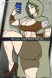 big_ass big_breasts clothed green_hair life_in_adventure muscular muscular_female selfie selfie_pose