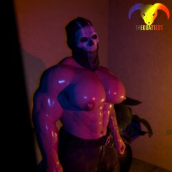 3d big_breasts big_pecs blender blender_(software) bored_expression call_of_duty gay ghost_(modern_warfare_2) glistening_body high_quality highres manboobs mask neon_lights oiled_body plant posing render self_upload simon_riley skull_mask small_room standing stern_expression tattoo tattooed_arm thegoattest