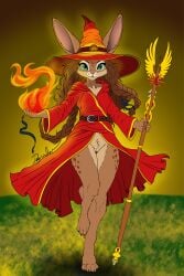 anthro avian barefoot belt braided_hair braided_pigtails clothing deerwalker digitigrade european_mythology feet female fire fireball flat_colors freckles genitals greek_mythology green_eyes hair hat headgear headwear hi_res hood lagomorph leporid long_ears long_hair looking_at_viewer magic magic_user mammal mythological_avian mythological_bird mythological_creature mythological_firebird mythology pantsless_anthro pantsless_female phoenix pointy_hat rabbit ribbons robe robe_only simple_background solo spots staff vulva walking_towards_viewer wide_brim_hat wizard_hat wizard_robe