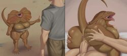 absurd_res agamid anthro anus ass balls big_breasts big_butt biped bottomwear breasts butt_grab clothed clothing duo female female_penetrated frilled_lizard genitals goldcrustedchicken hand_on_butt hi_res human human_on_anthro interspecies larger_male lizard looking_back male male/female male_penetrating mammal nude open_mouth penetration penile penile_penetration penis raised_tail reptile scalie sex size_difference smaller_female smaller_penetrated tail thick_thighs topwear vaginal_penetration vulva