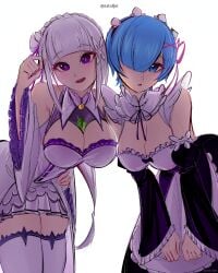 2026 2girls artofjet_(artist) big_breasts blue_eyes blue_hair blush breasts clothed clothing emilia_(re:zero) female female_only fully_clothed hair hair_over_one_eye hi_res looking_at_viewer maid maid_uniform open_mouth purple_eyes re:zero_kara_hajimeru_isekai_seikatsu rem_(re:zero) short_hair simple_background skirt thick_thighs thighs viewed_from_above white_background white_hair