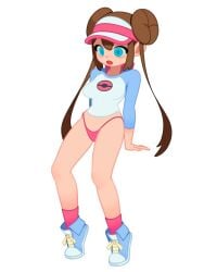 1girls 3:4 blue_eyes brown_hair female hat hi_res highres hochihochiha large_breasts long_hair long_sleeves mouth_open nintendo no_pants panties pink_panties pink_socks pokemon rosa_(pokemon) simple_background sitting sneakers socks solo thong white_background