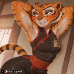1girls ai_generated anthro armpit armpit_fetish armpits arms_up female furry furry_female furry_only high_quality high_resolution highres kung_fu_panda master_tigress medium_breasts panzglard sweat tiger tiger_girl tiger_print tigress