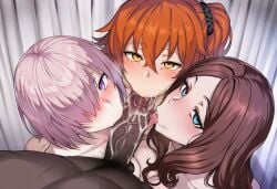 1boy 3girls :>= ai_generated cum cum_in_mouth dark-skinned_male fate/grand_order fellatio female fujimaru_ritsuka_(female) kissing_penis leonardo_da_vinci_(fate/grand_order) licking_penis looking_at_viewer male mash_kyrielight nude tagme tongue_out type-moon