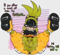 2026 afrosoricid anthro anus ass balls black_body bodily_fluids bottomwear clothed clothing death_threat dialogue drooling ear_piercing ear_ring embarrassed english_text flaccid footwear foreskin futanari genitals glare green_body green_hair gynomorph hair hand_on_butt hand_on_own_butt heart_after_text hi_res idw_publishing intersex latchk3y legs_up looking_at_viewer mammal multicolored_body no_underwear pants penis piercing profanity purple_eyes ring_piercing saliva sega sharp_teeth shoes simple_background smile smiling_at_viewer solo sonic_(series) sonic_the_hedgehog_(comics) sonic_the_hedgehog_(idw) sonic_the_hedgehog_(series) spread_legs spreading surge_the_tenrec sweat talking_to_viewer tan_body teeth tenrec text torn_bottomwear torn_clothing torn_pants wardrobe_malfunction