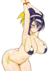 1girls absurd_res ass bikini black_hair blonde_hair blush curvy defeated duel_monster female green_eyes huge_breasts konami large_breasts looking_at_viewer micro_bikini multicolored_hair navel ninja open_mouth pale_skin ponytail s:p_little_knight shyneetoji side_view solo standing thighs tied tied_arms tied_hands voluptuous white_background yu-gi-oh!