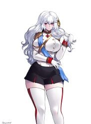 absurdres alpha_(alpha_1918) alpha_1918 artist_name blush breasts cowboy_shot cross curly_hair female gloves hair_ornament hand_up highres holding_hair large_breasts long_sleeves looking_at_viewer miniskirt non-web_source original red_eyes ribbon skirt solo tesomu thighhighs white_background white_hair white_legwear zettai_ryouiki