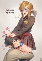 2boys ai ai_art ai_generated almond_eyes androgynous bare_thighs black_lipstick black_nails blue_eyes blush boyfriend clingy crossdressing cute drooling dumb dumb_face earrings embarassed femboy feminine_male feminization gay girly girly_boy golden_hair hands_in_hair heart holding_thigh hylian hylian_ears legwear link link_(breath_of_the_wild) link_(tears_of_the_kingdom) lipstick long_eyelashes luxica necktie nintendo no_penetration no_sex novelai ponytail pout pouting romantic school_uniform schoolgirl schoolgirl_uniform shirt sigh skirt text the_legend_of_zelda trap triforce twink uncensored yaoi
