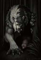 animal_genitalia animal_penis anthro bara big_knot big_penis black_body black_eyes black_fur canid canine canine_genitalia canine_penis canis claws cu_sith_(artist) digital_drawing_(artwork) digital_media_(artwork) erection fangs fluffy forest fur furry genitals grin hi_res horror_(theme) huge_cock huge_knot knot knotted_penis male mammal massive_penis muscular muscular_anthro muscular_male mythological_canine mythological_creature mythology penis plant red_eyes smile solo teeth thick_penis tree werecanid werecanine werecreature werewolf white_body white_fur wolf