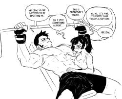 1boy 1girls actiranger_red_(spicymancer) actiranger_yellow_(spicymancer) actirangers barbell blush breast_press bulge bulge_through_clothing cleavage covered_nipples duo english_text exercise freckles gym horny_female looking_at_bulge medium_breasts muscular muscular_male naughty_face paid_reward_available penis_awe ponytail shorts spicymancer straight text weightlifting weights