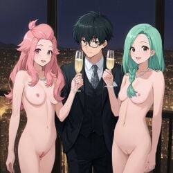 1:1 1boy 2girls 2girls1boy :d ai_generated aqua_hair black_eyes black_hair breasts casual casual_nudity champagne champagne_glass cityscape clothed clothed/nude clothed_male clothed_male_nude_female completely_naked completely_naked_female completely_nude completely_nude_female couple etra-chan_saw! female formal glasses hair_braid happy harem hourglass_figure hourglass_figured_female husband_and_wives kuroki_(etra-chan_saw!) looking_at_viewer male male/female/female married_couple medium_breasts naked naked_female necklace night night_sky nipples nude nude_edit nude_female nude_filter pink_eyes pink_hair polyamory pussy shaved_pussy small_breasts smile smiling smiling_at_viewer standing suit tie vagina wholesome wholesome_nudity youtube yuri_(etra-chan_saw!) yuzuriha_(etra-chan_saw!)