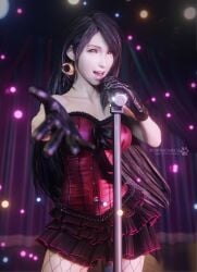 3d 3d_(artwork) 3d_model 3d_render big_breasts black_hair corset curtain earrings elenachatnoir final_fantasy final_fantasy_vii final_fantasy_vii_rebirth final_fantasy_vii_remake fishnet_legwear fishnets gloves highres hourglass_figure idol idol_clothes instagram leather_gloves long_hair looking_at_viewer microphone mirrored_image on_stage performance performing pink_corset posing_for_the_viewer red_eyes short_skirt singing skirt stage tifa_lockhart tumblr twitter