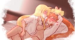 2girls after_fingering after_kiss arms_up artist_name blonde_hair blush bound bound_wrists breasts closed_eyes commentary english_commentary fate_testarossa heart hickey large_breasts long_hair looking_at_another lyrical_nanoha mahou_shoujo_lyrical_nanoha_strikers minzzway multiple_girls nipples on_bed open_clothes open_mouth open_shirt orange_hair panties panties_around_one_leg pussy_juice pussy_juice_trail saliva saliva_trail shirt smile sweat takamachi_nanoha underwear white_shirt yuri