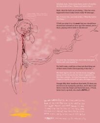 2026 absurd_res ambiguous_species anthro armpit_hair biped blood blood_from_mouth blood_in_mouth bodily_fluids body_hair bound breasts cheek_tuft claws clenched_teeth dialogue disembodied_hand disembowelment duo english_text eyebrows facial_tuft female floppy_ears furcollector genital_fluids gore guts hands_tied hi_res holding_guts lop_ears mostly_offscreen_character musk musk_cloud nipples nude organs peeing profanity simple_background small_breasts spot_color suspension teeth text thought_bubble toe_claws tuft urine urine_stream
