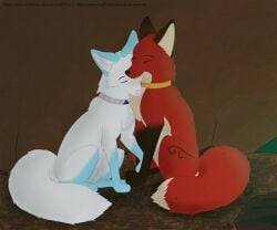6:5 animal_genitalia arctic_fox balls bruma_(ninafoxxo) canid canine cave closed_eyes collar cuddling duo female feral fox fully_sheathed fur genitals hi_res male male/female mammal ninafoxxo red_body red_fox red_fur rock romantic romantic_couple sebille_(lavamouse) sheath smile true_fox white_body white_fur
