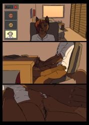 absurd_res angie_(himynameis) anthro bed breasts brown_body brown_fur brown_skin canid canine cel_shading chair clothing collared_shirt comic computer_mouse cunnilingus desk digital_drawing_(artwork) digital_media_(artwork) dress_shirt duo ear_tuft electronic_device electronics exhibitionism female female/female fur furniture genitals gloves_(marking) grabbing_both_ears hair headgear headphones headset hi_res himynameis holding_head keyboard mammal markings megan_(himynameis) messy morning mouth_closed neutral_expression office_chair oral purple_hair sex shaded shirt short_hair sitting small_breasts table tan_body tan_fur tank_top topwear tuft vaginal_penetration video_call vulva