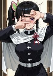 ai_generated arms_up belt belt_buckle black_hair black_jacket black_skirt blunt_bangs blush breasts buckle butterfly_hair_ornament cape cloak closed_mouth clothing demon_slayer demon_slayer_uniform female finger_frame hair_ornament jacket jousneystudio kimetsu_no_yaiba large_breasts long_hair long_sleeves looking_at_viewer one_eye_closed pleated_skirt purple_eyes shirt_tucked_in side_ponytail skirt solo trembling tsuyuri_kanao uniform white_belt white_cape white_cloak