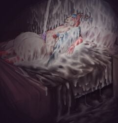 2026 absurd_res anthro antlers balls bed bedroom big_balls blue_hair bodily_fluids canid canine cuddling_plushie cum cum_everywhere deer detailed digital_media_(artwork) disproportionate_genitalia excessive_cum excessive_genital_fluids excessive_precum fur furniture genital_fluids genitals gmad green_tail habbie hair hi_res horn huge_balls hybrid hyper hyper_balls hyper_cum hyper_genitalia hyper_precum leaking_precum lying male mammal messy nude on_side penis pillow pink_body pink_fur plushie precum precum_everywhere precum_on_bed precum_on_ground precum_puddle precum_squirt purple_penis solo tail tan_body tan_fur wet_dream