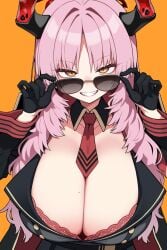 1girls adjusting_eyewear artist_request big_breasts blue_archive boob_window bra bra_peek gehenna_academy_student gloves horns looking_over_eyewear looking_over_sunglasses mole_on_breast pandemonium_society_(blue_archive) pink_hair red_bra satsuki_(blue_archive) sunglasses tie_between_breasts tinted_eyewear uniform