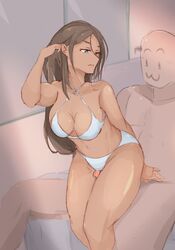 1boy 1girls 9_9bird ahagon_umiko bikini bikini_bottom bikini_top breasts cleavage dark-skinned_female dark_skin female female_focus human indoors kkyz13 long_hair looking_at_partner male medium_breasts new_game! penis_between_legs penis_between_thighs swimsuit thigh_sex