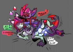 ace_(runicknight) anthro ass balls black_body bodily_fluids breasts cheyan_(runicknight) claws closed_eyes clothing digital_media_(artwork) duo erection female female_penetrated from_behind_position gem genital_fluids genitals green_body hair halcyniate hat hat_only headgear headgear_only headwear headwear_only horn lizard lizardillochips long_ears lying male male/female male_penetrating male_penetrating_female mostly_nude multicolored_body nipples nude nude_anthro nude_female nude_male on_side open_mouth penetration penile penile_penetration penis penis_in_vagina purple_eyes red_body red_hair reptile scales scalie sex simple_background tail teeth text thick_tail vaginal_penetration yellow_sclera