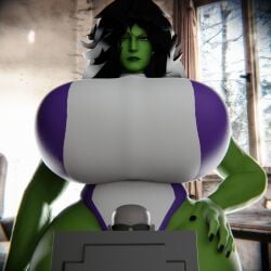 1boy 1futa 3d anon anonymous_male big_ass big_breasts black_hair clothed_female curvy_female curvy_figure elevenendless endlessillusion green_body green_skin huge_ass huge_breasts marvel marvel_comics she-hulk voluptuous wide_hips
