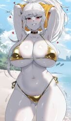1girls albina_(tidal) albino arm_up armpits arms_behind_head arms_up bare_shoulders beach bikini black_choker blue_sky blush breasts choker cleavage clothes_lift cloud collarbone colored_skin commentary_request curvy day female gold_bikini golden_week hair_ornament halterneck high_ponytail highres horizon huge_breasts jewelry la_albina_(tidal) large_breasts long_hair looking_at_viewer medium_hair navel ocean open_mouth original outdoors palm_tree parted_lips ponytail red_eyes sand scar scar_on_neck shirt shirt_lift shore side-tie_bikini_bottom sidelocks simple_background skindentation sky smile solo spanish_commentary standing stomach string_bikini swimsuit thighs tidal_(artist) tidal_(tidaltides) tree water white_hair white_skin yellow_shirt