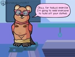 anthro areola artist_name bodily_fluids breasts brown_body brown_fur brown_nipples claws clothing colored digital_drawing_(artwork) digital_media_(artwork) disney dr._fuzzby english_text eyewear female fur genital_fluids genitals glasses hi_res looking_at_viewer macropod mammal marsupial nipples open_mouth quokka slightly_chubby smile smokyquartz1917 solo speech_bubble tail text topwear zootopia