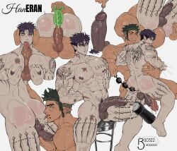 2boys abs anal anal_beads anal_insertion anal_sex artist_name ass balls bara completely_nude cum dildo dildo_in_ass eran_(romjeex) fisting fleshlight gay haneul_(genzonillablack) male male_focus male_only muscular muscular_arms muscular_chest muscular_legs muscular_male nipple_piercing nipples nude pecs penis piercing pointy_ears romjeex sex_toy simple_background tattoo text tongue tongue_out yaoi