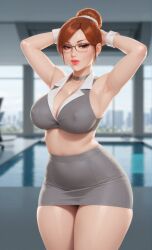 1girls ai_generated armpits arms_behind_head auburn_hair blurry_background bra brown_eyes choker choker_necklace city_background cleavage coif collared_blouse crop_top erect_nipples_under_clothes female ginger_hair glasses hair_bun hair_scrunchie indoor_pool large_breasts miniskirt necklace nipple_bulge nipple_outline office_clothing office_lady pencil_skirt poolside red_hair redhead rgomez007 secretary seductive_look single_hair_bun skindentation solo_female stable_diffusion thick_lips thick_thighs wide_hips
