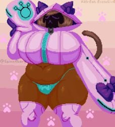 2024 animal_humanoid belly big_breasts blazblue breasts brown_body brown_hair cat_humanoid charming chubby closed_eyes clothed clothing dark-skinned_female dark_body dark_skin deep_navel digital_media_(artwork) fat_female feet felid felid_humanoid feline feline_humanoid female hair hood huge_breasts humanoid jacket jewelry kaka_(blazblue) legwear mammal mammal_humanoid minakaka_(spinneborg) navel necklace overweight overweight_female overweight_humanoid panties pixel_(artwork) purple_eyes ribbons shadow_face shortstack skimpy smile solo spinneborg standing stockings tagme thick_thighs thigh_highs topwear underwear zipper