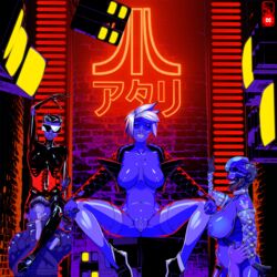 atari blue_skin bogexplosion brick_wall cigar cropped_jacket cyberpunk grin gynoid large_breasts latex limited_palette logo neon no_eyewear nude orgy presenting pussy robot sex short_hair sitting skull smile spreading teasing visor