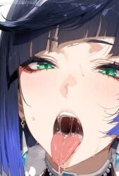 ai_generated black_hair blue_hair blunt_bangs blush close-up cmiurai diagonal_bangs drooling earrings excessive_drool female glossy_lips green_eyes jewelry looking_at_viewer multicolored_hair open_mouth parted_lips portrait saliva_drip saliva_string saliva_trail short_hair simple_background solo sweat teeth thick_saliva tongue_out wet_tongue white_background