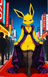 1girls 2026 ai_generated anthro black_sclera bracelet city crowd digitigrade dress dress_lift ear_piercing eeveelution fancy_clothing female female_only flat_chest generation_1_pokemon gold_jewelry half-closed_eyes hi_res innie_pussy jewelry jolteon necklace night nintendo no_panties pokemon pokemon_(species) purple_eyes pussy red_carpet smile thighhighs walking yellow_fur zonoya_(artist)