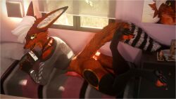 3d_(artwork) absurd_res animal_genitalia animal_penis anthro ass bedroom bedroom_eyes blender_(artwork) bodily_fluids border canid canine canine_genitalia canine_penis cellphone clothed clothing crop_top digital_media_(artwork) dripping electronics erection footwear fox fur genital_fluids genitals hair hi_res knot knotted_penis light light_beam lill_esp looking_at_viewer lying male mammal narrowed_eyes open_mouth orange_body orange_fur paws penis phone phone_screen precum precum_drip raised_tail rear_view relaxing rexouium seductive shirt smartphone smile socks solo sunbeam sunlight tail topwear white_border