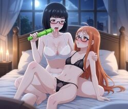ai_generated aroused_expression bed bedroom bedroom_eyes black_hair blush bra brown_eyes candles daughter garter_belt glasses incest licking licking_vibrator moon mother mother_and_daughter night older_woman_and_teenage_girl orange_hair panties persona persona_(series) persona_5 purple_eyes pussy_juice_dripping pussy_juice_on_breasts pussy_juice_on_vibrator sakura_futaba saliva saliva_on_breasts sex_toy sitting sitting_on_bed sitting_on_lap small_breasts sweat tasting_pussy_juice tongue underwear vaginal_fluids vibrator wakaba_ishiki yuri