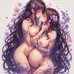 2girls ai_generated blush brown_hair flower flower_in_hair kissing lactation long_hair lovers naked pregnant pubic_hair romantic_couple tattoo yuri