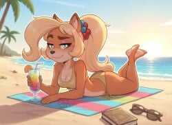 1girls anthro artist_name ass beach big_ass big_breasts bikini blonde_hair book busty cleavage coco_bandicoot crash_(series) drink female female_only gold_bikini half-closed_eyes hi_res large_breasts legs long_hair looking_at_viewer luichemax lying ocean on_stomach ponytail pose posing seductive seductive_look seductive_smile sensual sexy sexy_pose side-tie_bikini side-tie_bikini_bottom solo sunglasses sweat the_pose thighs voluptuous water