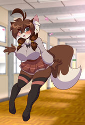 1girls 2021 anthro blush breasts brown_fur brown_hair cute feline female female_only furry hallway heart huge_breasts leaning_forward looking_at_viewer mastergodai original original_character school_uniform schoolgirl smile smiling solo species_request tail thick_thighs thin_waist voluptuous wide_hips