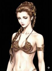 ai_generated belly_dancer belly_dancer_outfit braided_hair brown_eyes brown_hair cleavage dire7wolf95 enslaved_royal femsub harem_girl harem_outfit long_hair medium_breasts princess_leia_organa sad slave slave_bikini slave_girl slave_outfit star_wars submissive_female