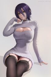 3d 3d_(artwork) artpointup breasts chainsaw_man cleavage clothing green_eyes hips looking_at_viewer medium_breasts panties purple_hair reze_(chainsaw_man) simple_background thick_thighs thighhighs thighs white_background wide_hips