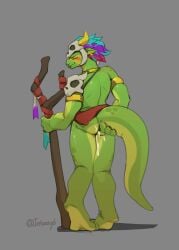 absurd_res after_sex animal_humanoid anthro ass blush blush_lines bodily_fluids cum femboy genital_fluids hi_res humanoid intven96 leaking_cum lizard male nude rear_view reptile scalie scalie_humanoid solo standing tail terraria witch_doctor_(terraria)