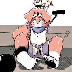 2024 5_fingers 5_toes anthro ball_and_chain blue_bottomwear blue_clothing blue_pants bodily_fluids bondage bottomwear canid canine canis chains clothed clothing cum cum_on_body cum_on_face domestic_dog feet fingers front_view fur genital_fluids inside male male_only mammal multicolored_body multicolored_fur neck_restraint orange_body orange_fur orange_legs pants ranshinumeda334 restrained_arms restrained_legs sitting solo tail toes topless two_tone_body two_tone_fur white_body white_feet white_fur