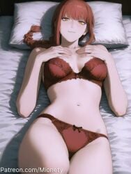 ai_generated artist_name bare_arms bare_shoulders bed bed_sheet blush border bow_panties bra braid braided_ponytail breasts chainsaw_man cleavage closed_mouth collarbone cowboy_shot female grey_border groin hand_on_own_chest hands_on_own_chest hands_up lace-trimmed_bra lace-trimmed_panties lace_trim large_breasts lingerie long_hair looking_at_viewer lying makima_(chainsaw_man) medium_breasts mionety navel on_back on_bed orange_eyes panties parted_lips patreon_username pillow red_bra red_hair red_panties ringed_eyes sidelocks single_braid smile solo stomach thighs twitter_username underwear underwear_only yellow_eyes